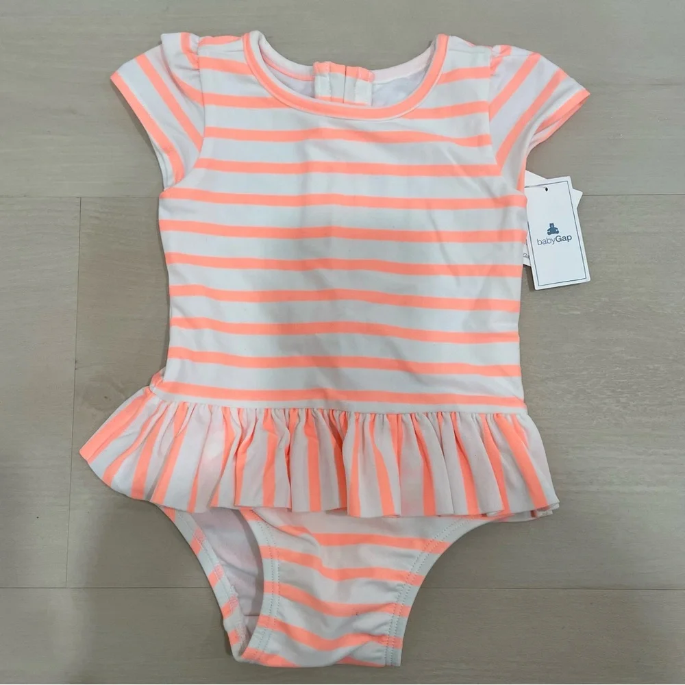 NWT Baby Gap Girl's 0-6 Month Stripe Peplum Swim Suit 0ne Piece Ruffle Orange